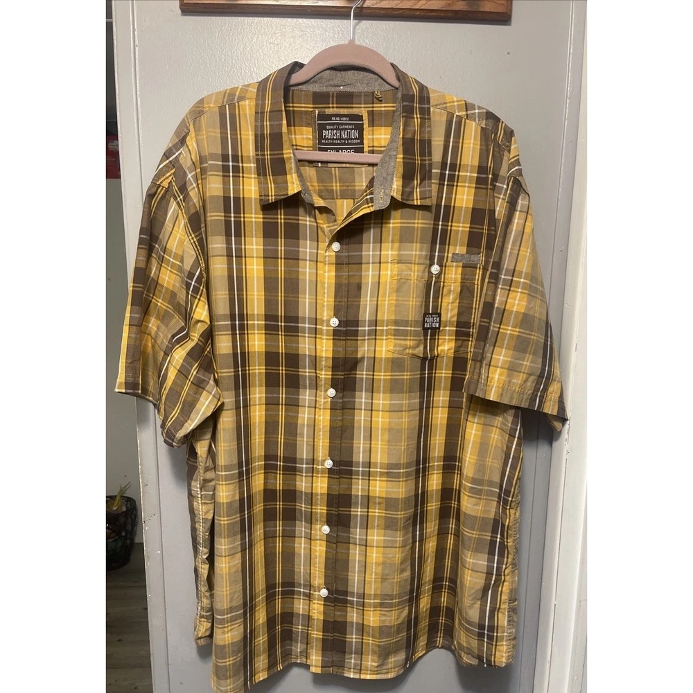 Parish Nation 5XL Button Up Short Sleeve Shirt Men's Yellow Plaid